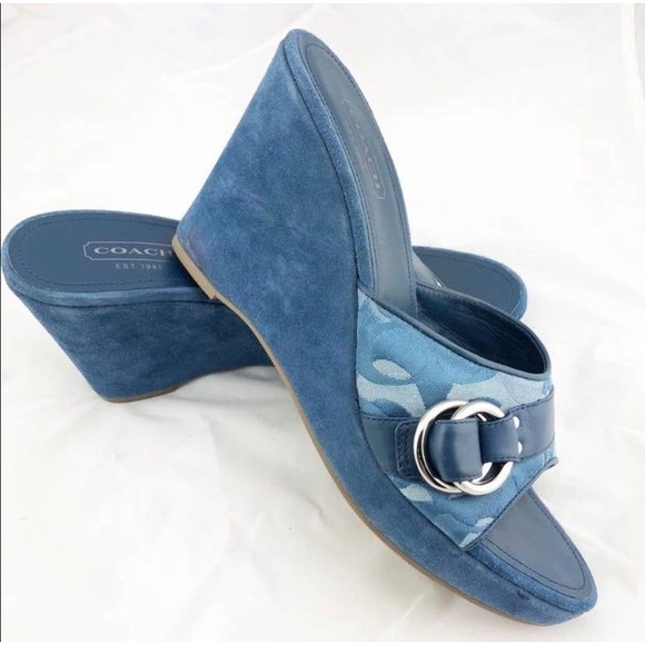 Coach Merridith Open Toe Blue Wedge Sandals Heels - Picture 1 of 7